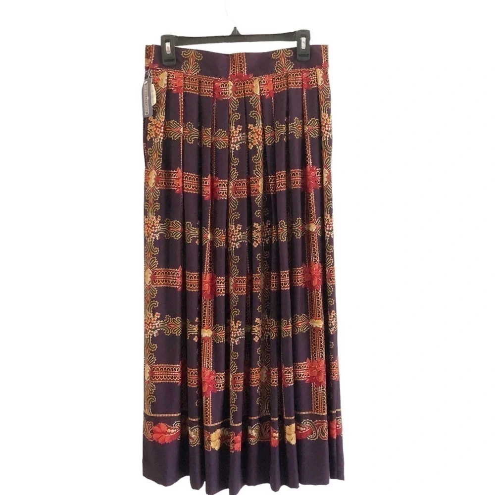 Vintage Pleated Midi Skirt Baroque Print Dark Academia Equestrian 12